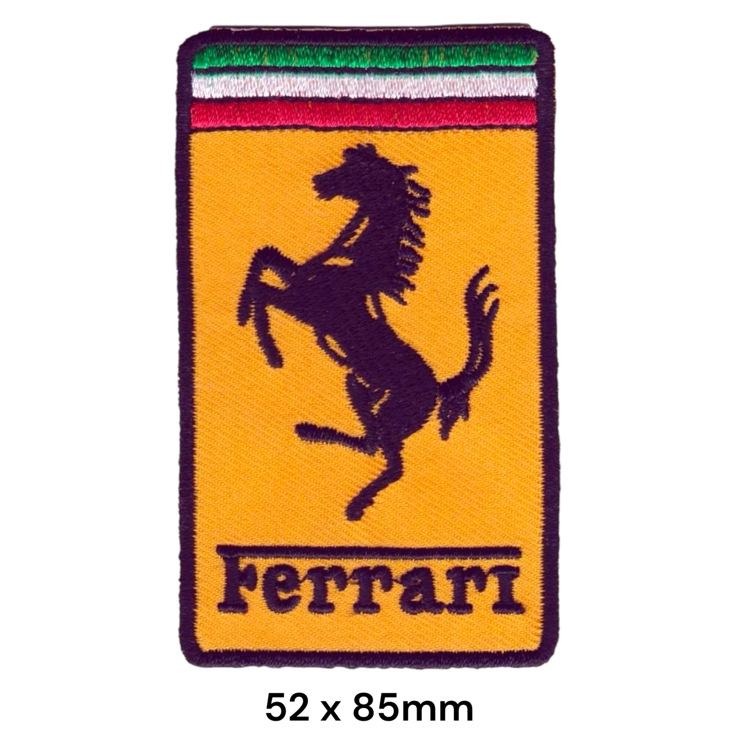Ferrari Prancing Horse Shield Rectangular Embroidered Patch 52x85mm – Gold/Yellow, Dark Maroon, Green, White & Red