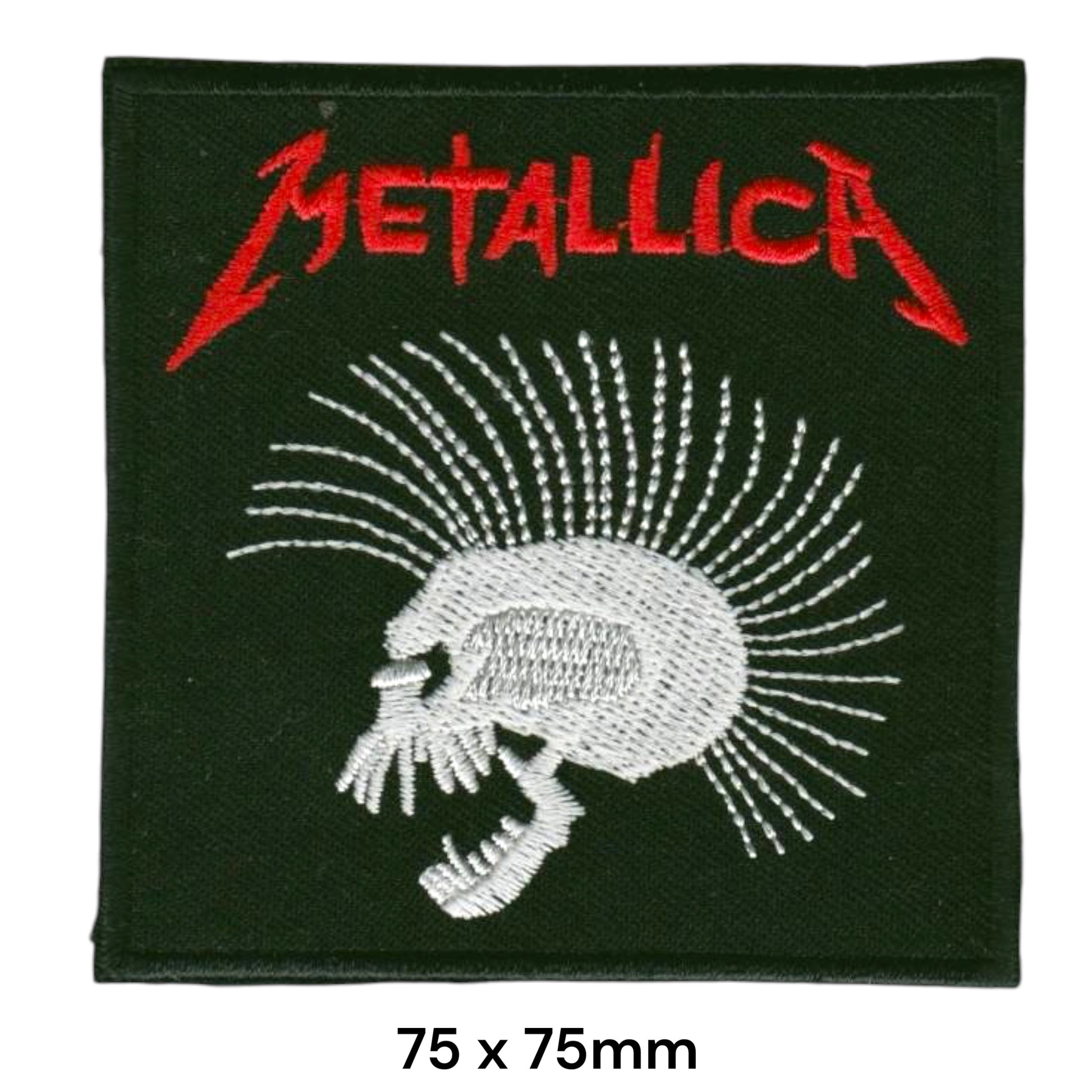 Metallica Scary Guy Mohawk Skull Square Embroidered Patch 75x75mm – Red, White/Silver & Black/Dark Green
