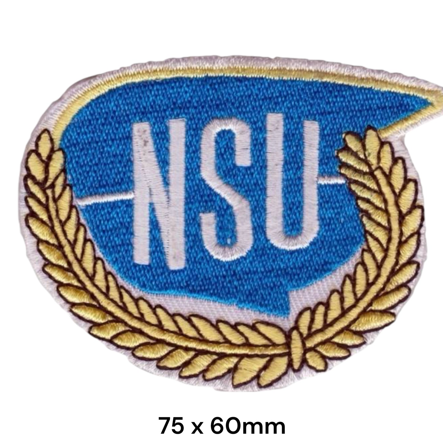 NSU Motorenwerke Laurel Wreath Shield Die-Cut Embroidered Patch 75x60mm – Blue, Gold & White