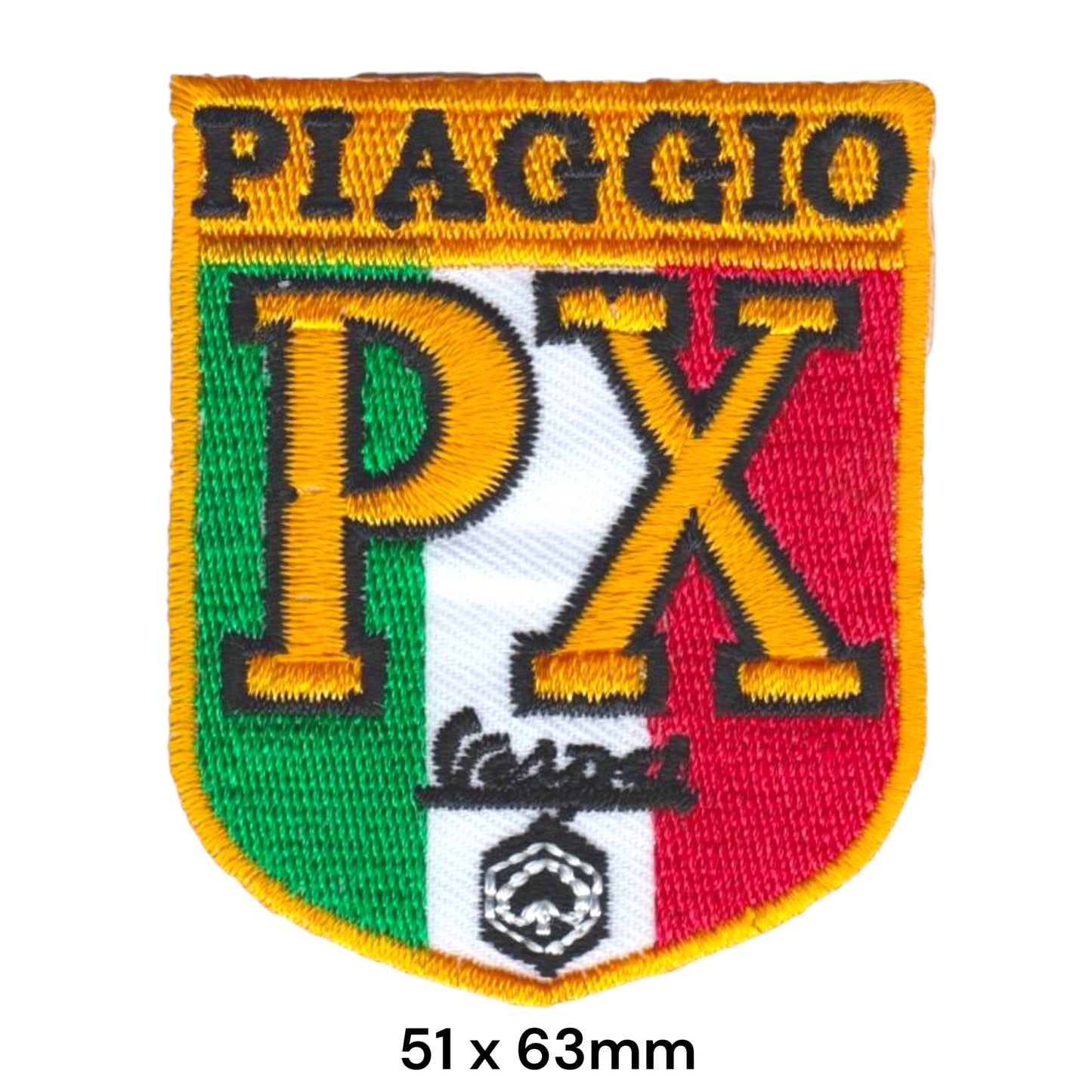 Piaggio PX Vespa Italian Flag Shield Embroidered Patch 51x63mm – Gold, Green, White & Red