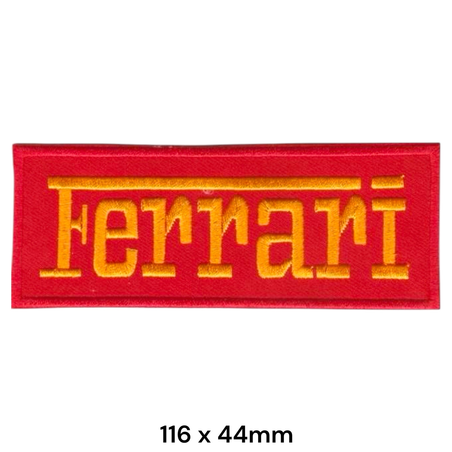 Ferrari Wordmark Rectangular Embroidered Patch 116x44mm – Gold/Orange & Red