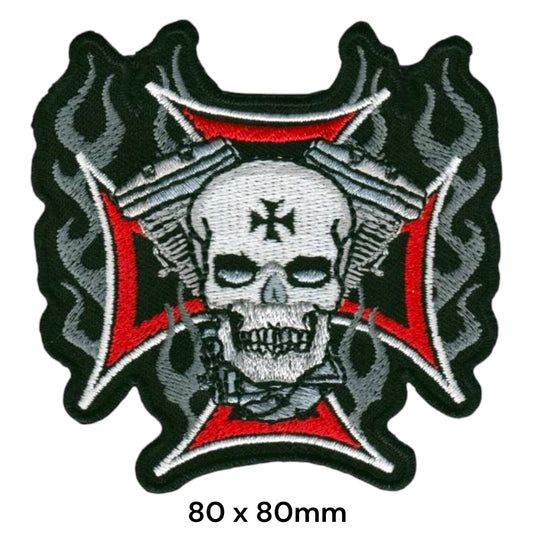 Skull Iron Cross V-Twin Engine Flames Die-Cut Embroidered Patch 80x80mm – White/Silver, Red & Black