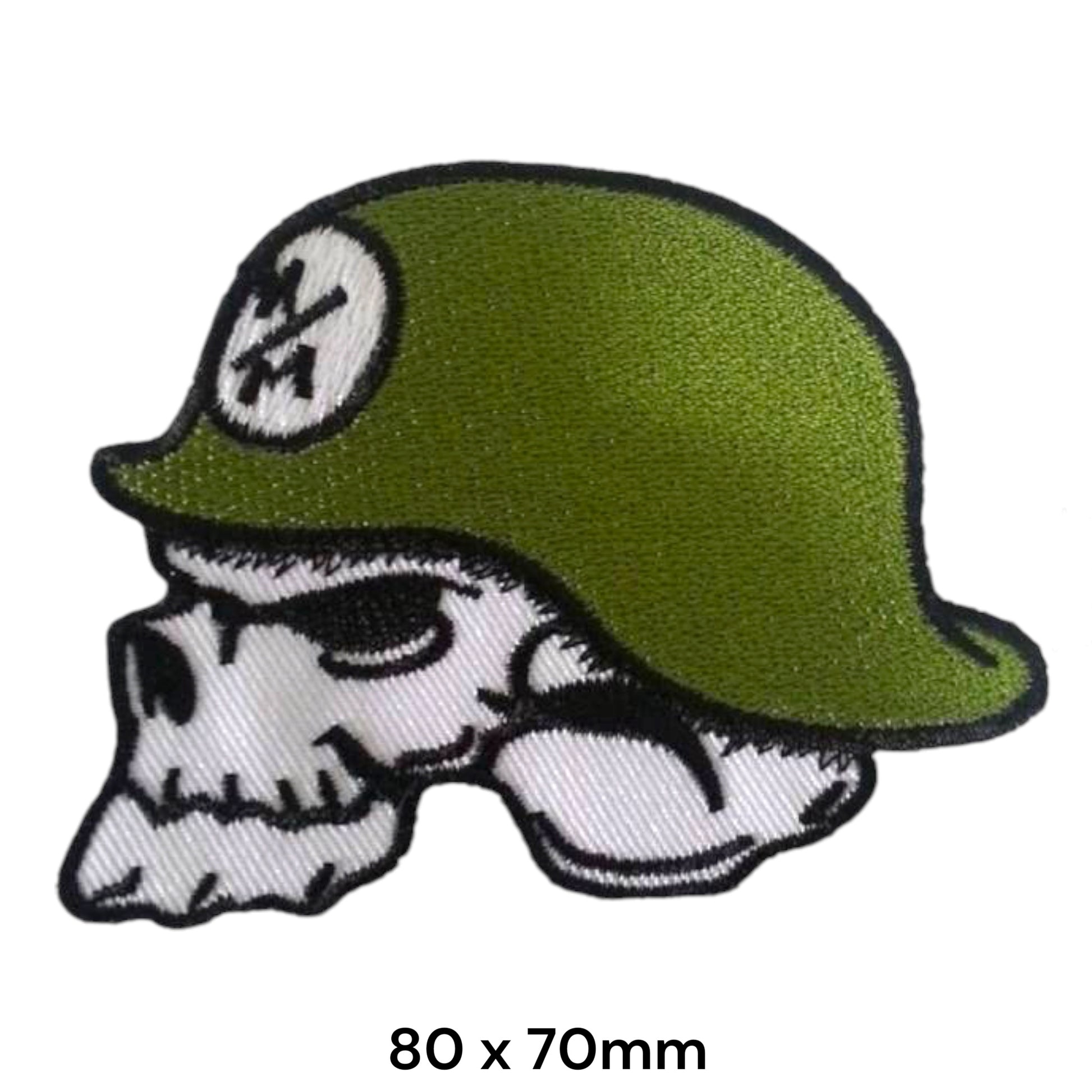 Military Skull Army Helmet Crossed Rifles Die-Cut Embroidered Patch 80x70mm – Olive Green, White & Black