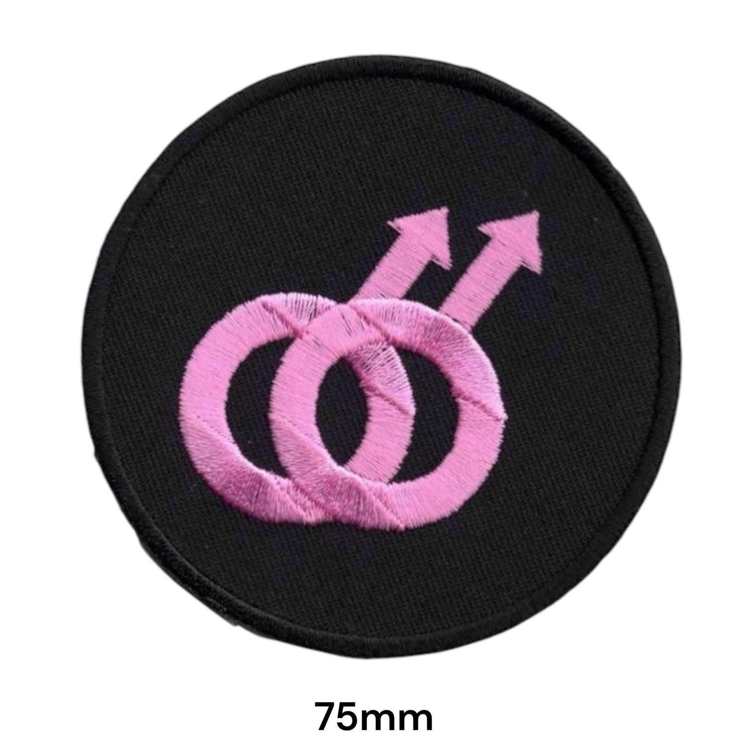 Gay Pride Double Male Symbol Circle Embroidered Patch 75mm – Pink & Black