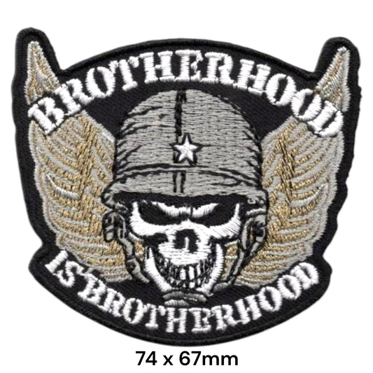Brotherhood Is Brotherhood Skull Helmet Wings Die-Cut Embroidered Patch 74x67mm – White, Gold/Beige, Grey & Black