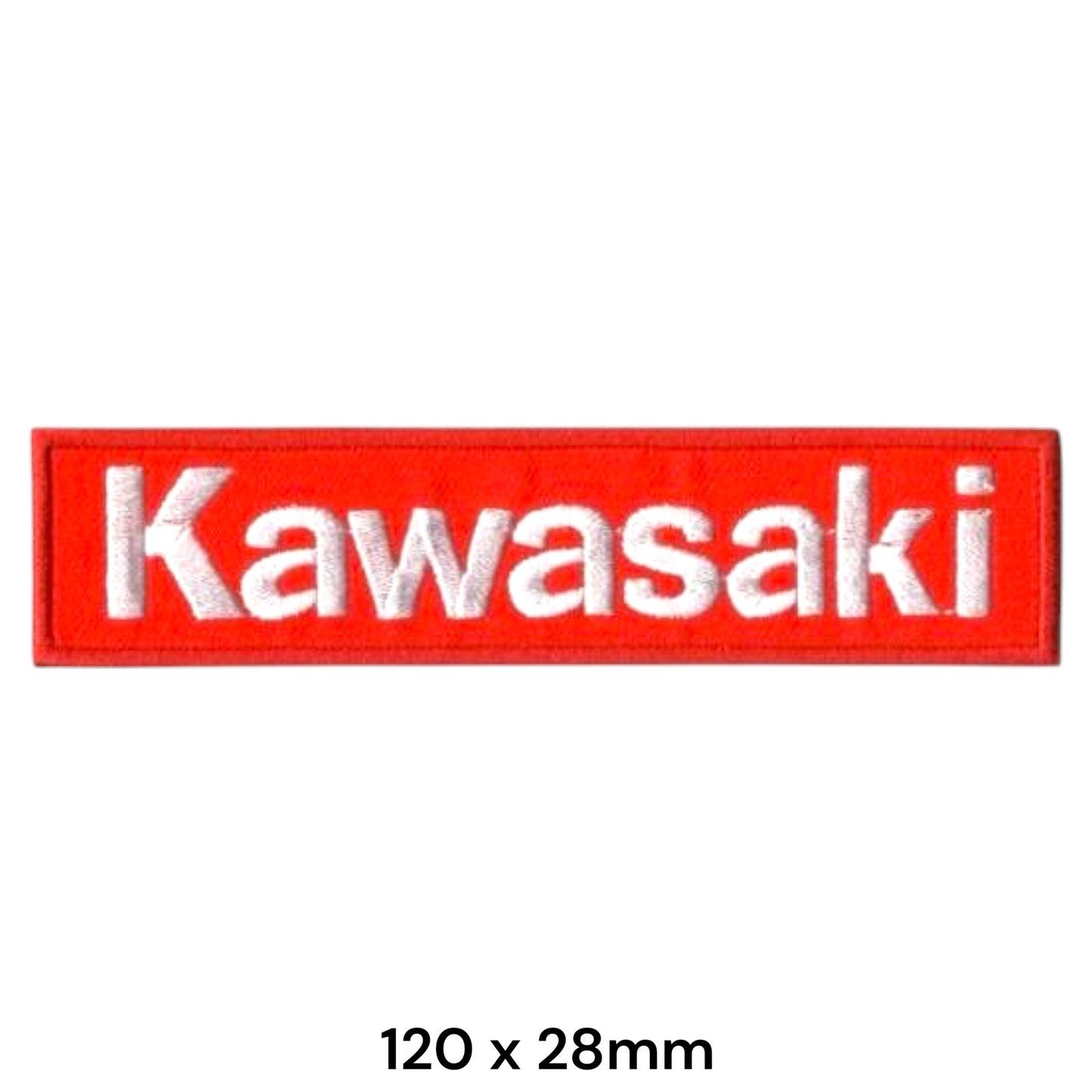 Kawasaki Wordmark Rectangular Embroidered Patch 120x28mm – White & Red