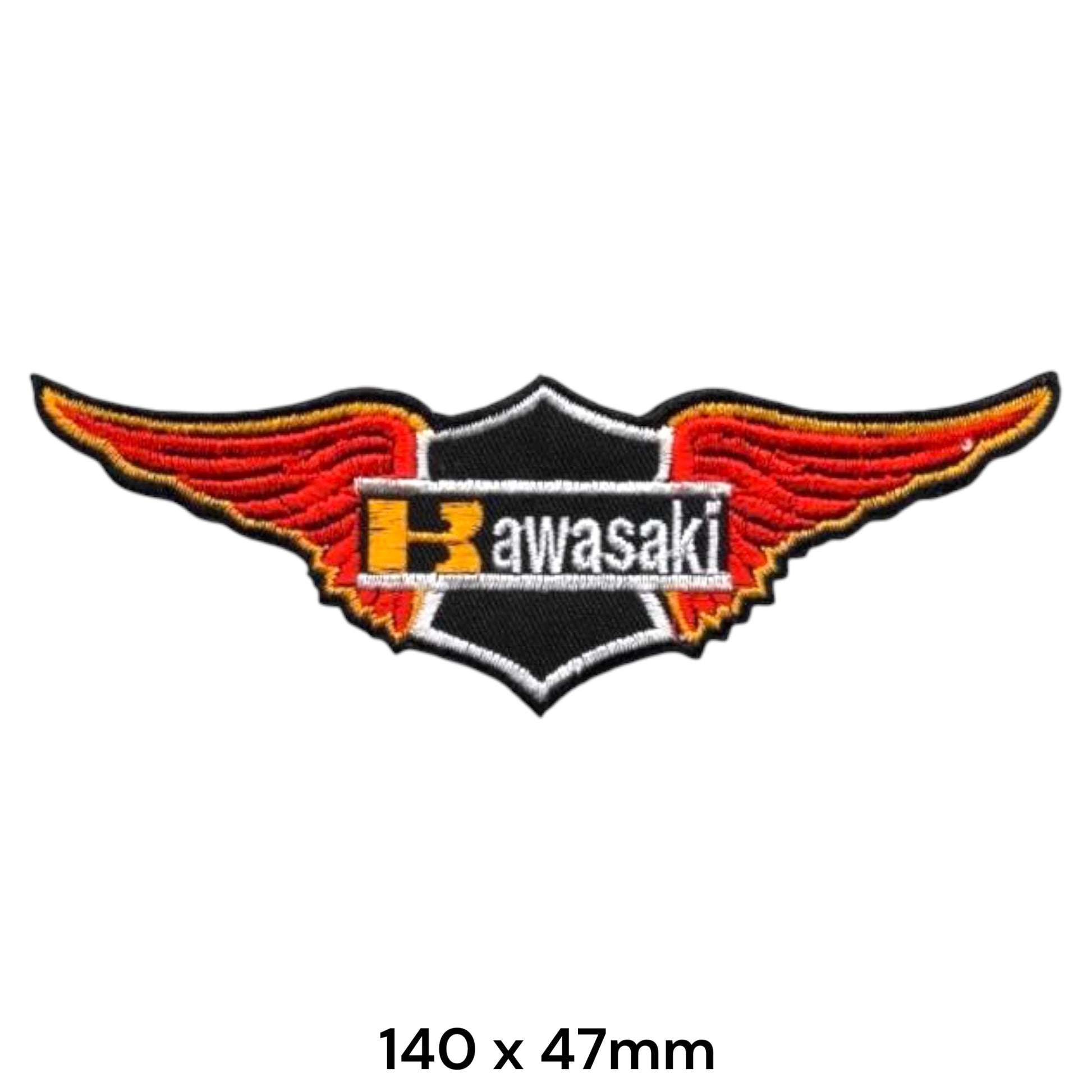 Kawasaki K Logo Shield Flame Wings Die-Cut Embroidered Patch 140x47mm – Yellow, Red, Orange, White & Black