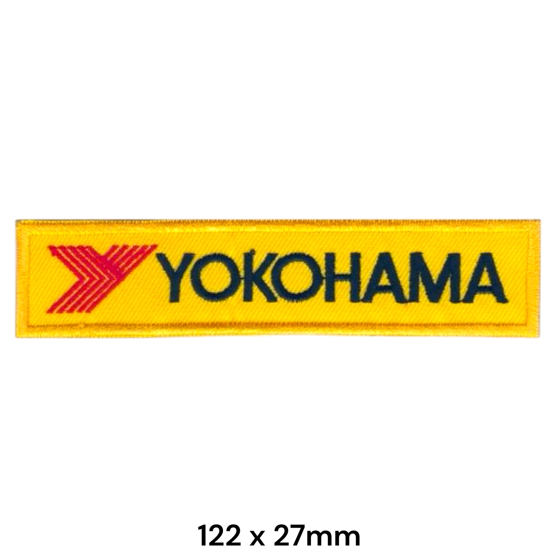 Yokohama Y Arrow Logo Wordmark Rectangular Embroidered Patch 122x27mm – Yellow, Red & Navy