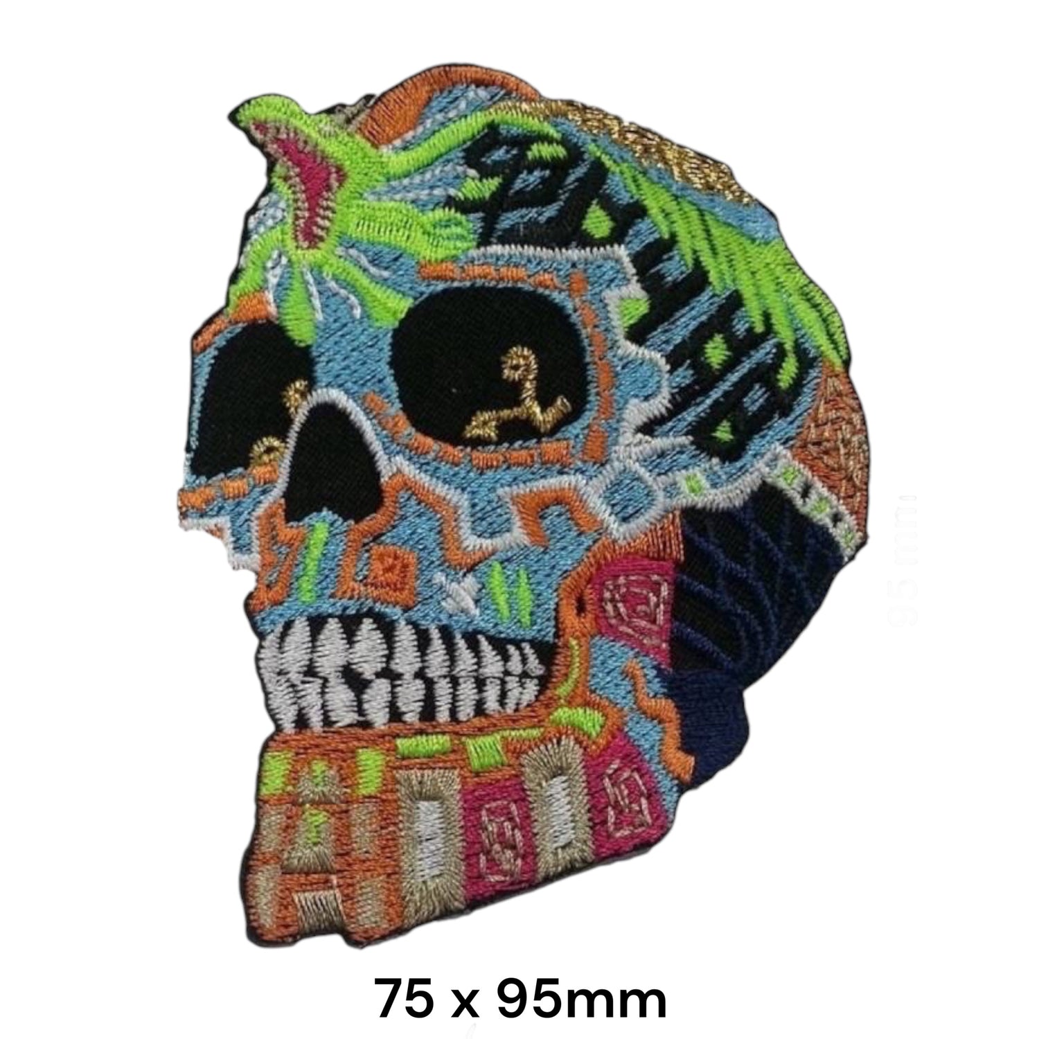 Colourful Patchwork Skull Side Profile Die-Cut Embroidered Patch 75x95mm – Multicolor Blue, Green, Orange, Pink, Gold, White & Black