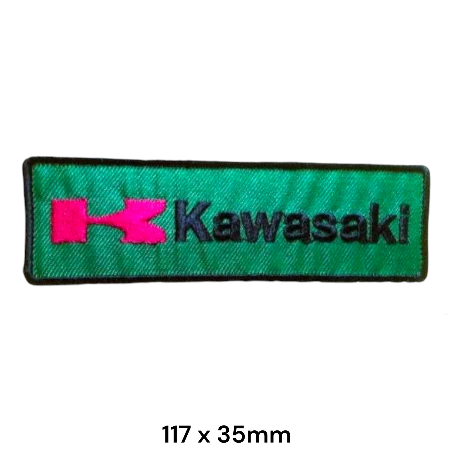 Kawasaki K Logo Wordmark Rectangular Embroidered Patch 117x35mm – Pink, Black & Green