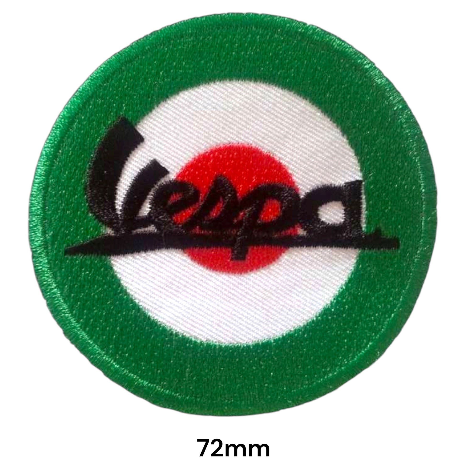 Vespa Script Logo Circle Embroidered Patch 72mm – Green, Red, White & Black
