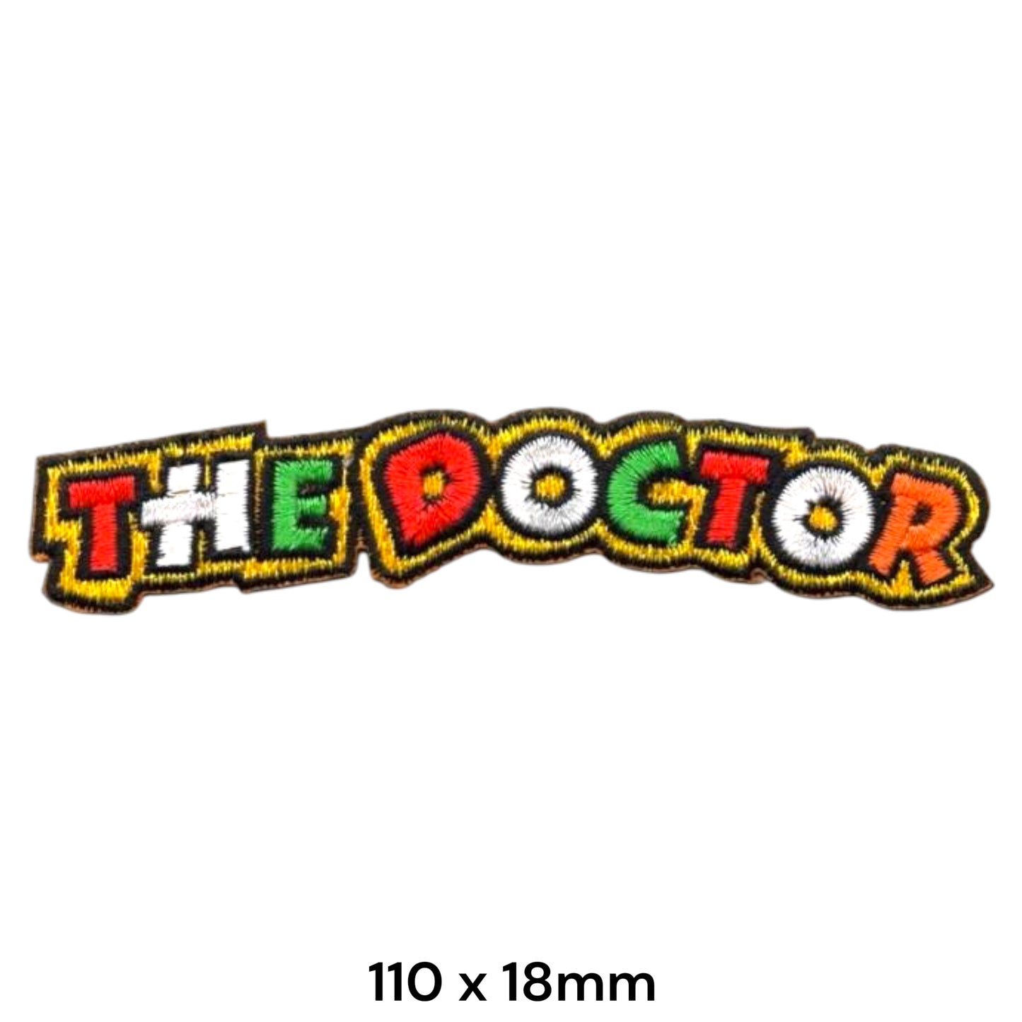 Valentino Rossi The Doctor VR46 Die-Cut Embroidered Patch 110x18mm – Yellow, Red, White, Green, Orange & Black