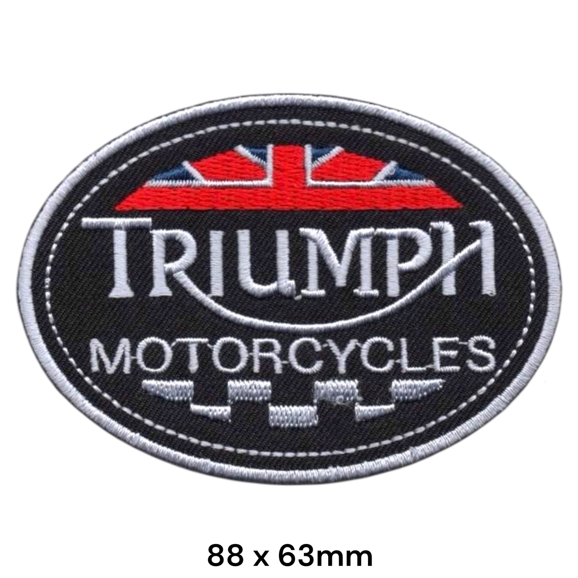 Triumph Motorcycles Union Jack Oval Embroidered Patch 88x63mm – White/Silver, Red, Blue & Black