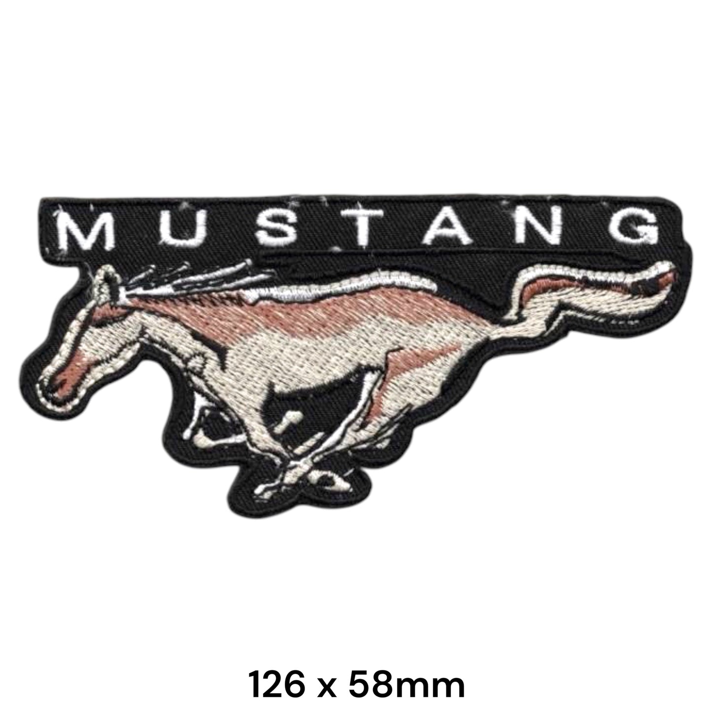 Ford Mustang Running Pony Wordmark Die-Cut Embroidered Patch 126x58mm – White, Beige/Brown & Black