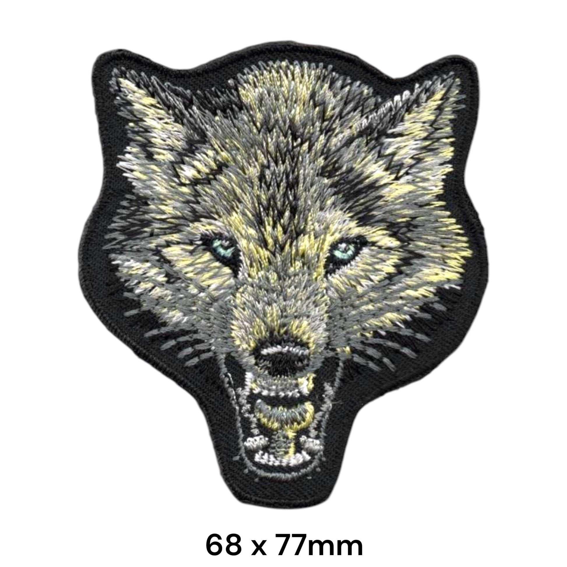 Growling Wolf Head Front-Facing Die-Cut Embroidered Patch 68x77mm – Grey, Beige/Yellow, Blue & Black
