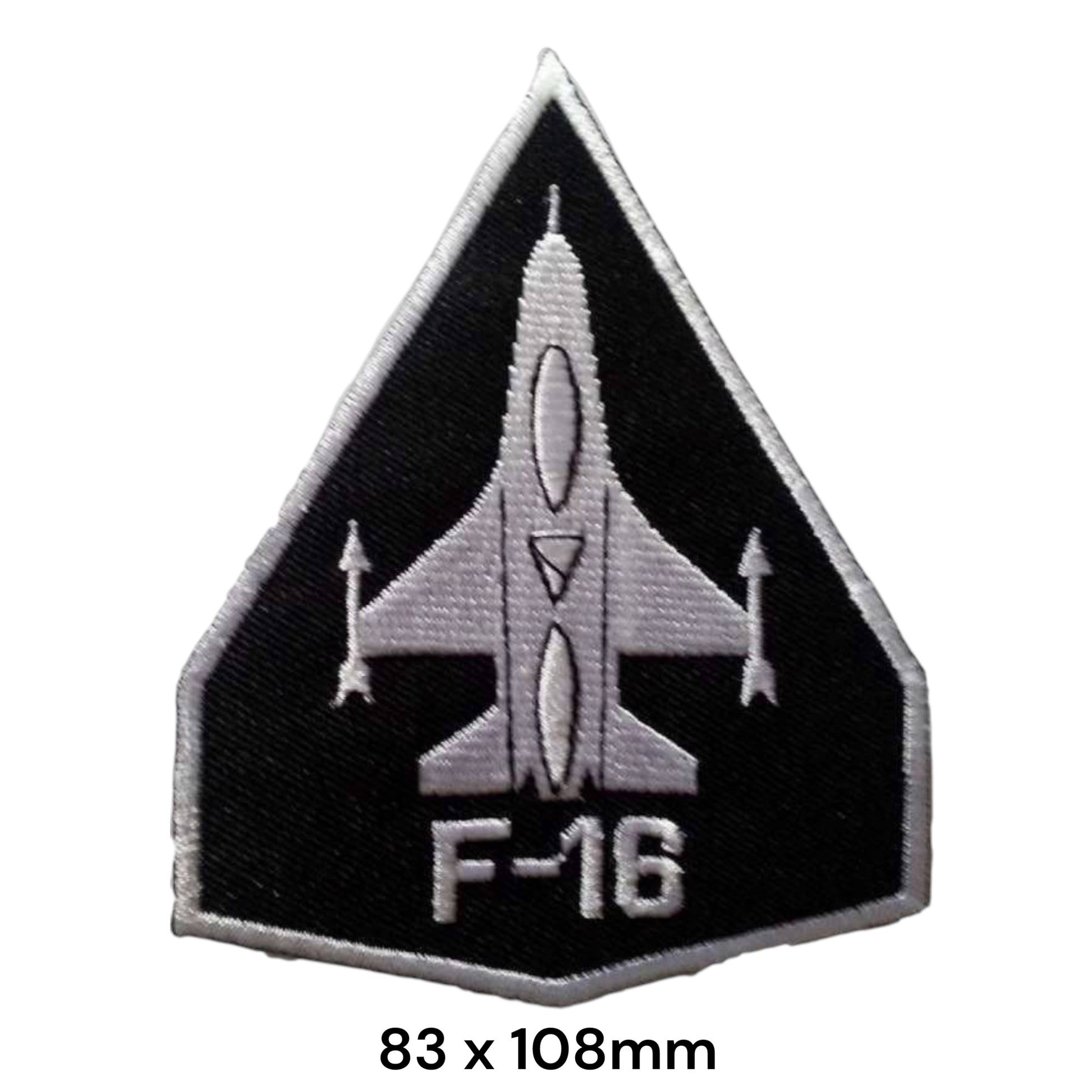 F-16 Fighting Falcon Top-View Pentagon Shield Embroidered Patch 83x108mm – White/Silver & Black