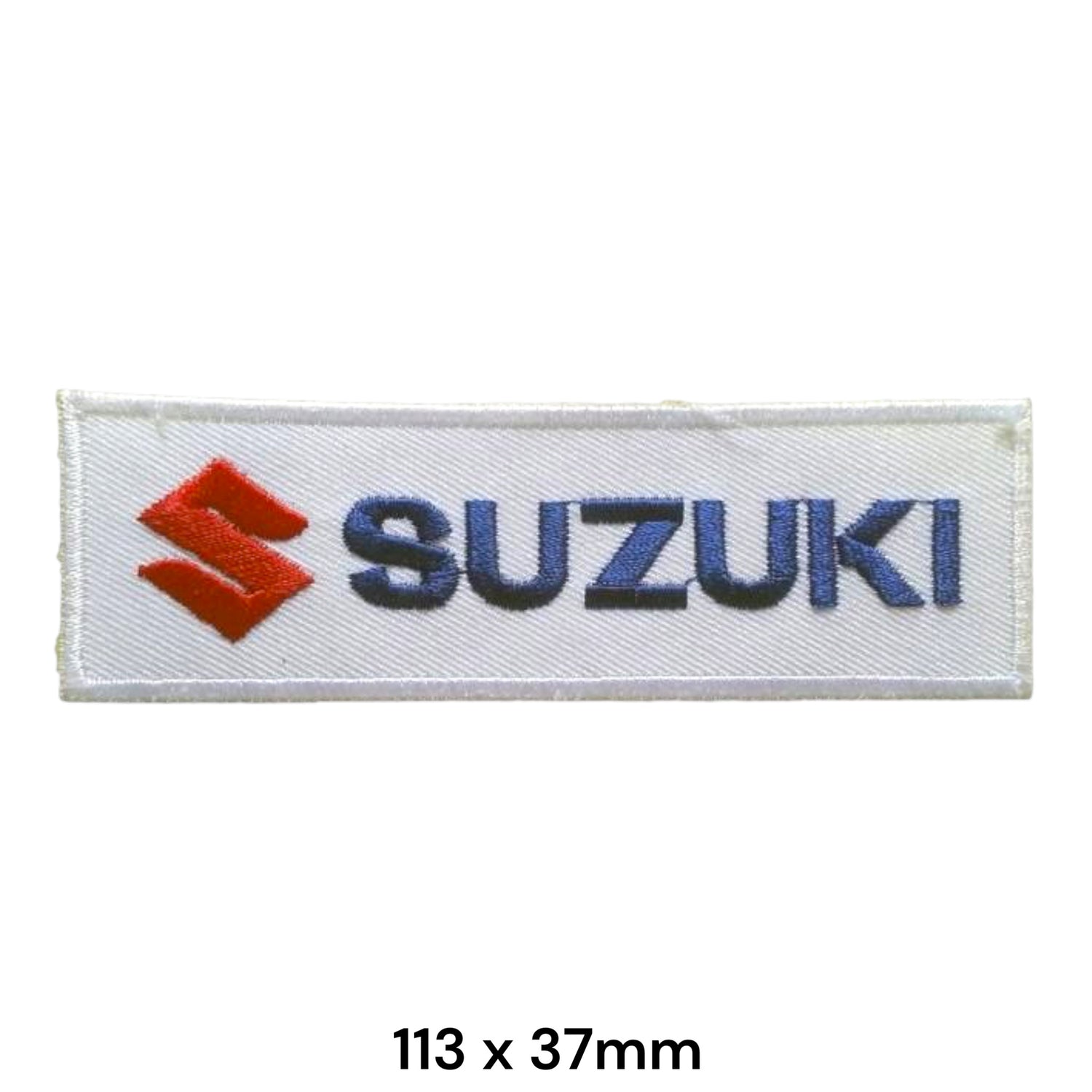 Suzuki S Logo Wordmark Rectangular Embroidered Patch 113x37mm – Red, Navy & White
