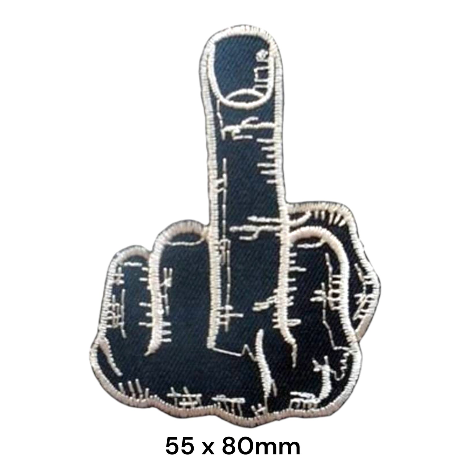 Middle Finger Hand Gesture Die-Cut Embroidered Patch 55x80mm – White/Silver & Black