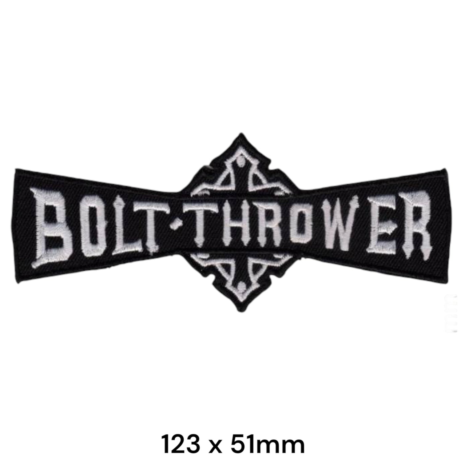Bolt Thrower Gothic Diamond Wordmark Die-Cut Embroidered Patch 123x51mm – White/Silver & Black