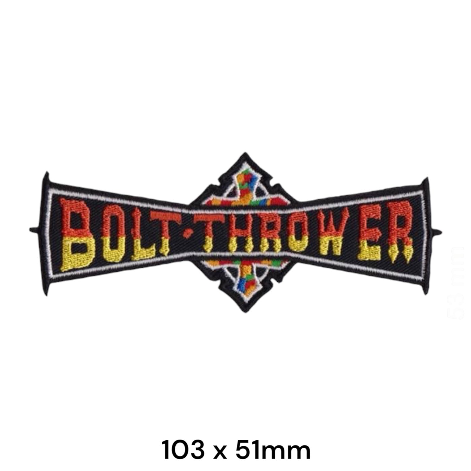 Bolt Thrower Gothic Diamond Flame Wordmark Die-Cut Embroidered Patch 103x51mm – Red, Orange, Yellow, Multicolor & Black