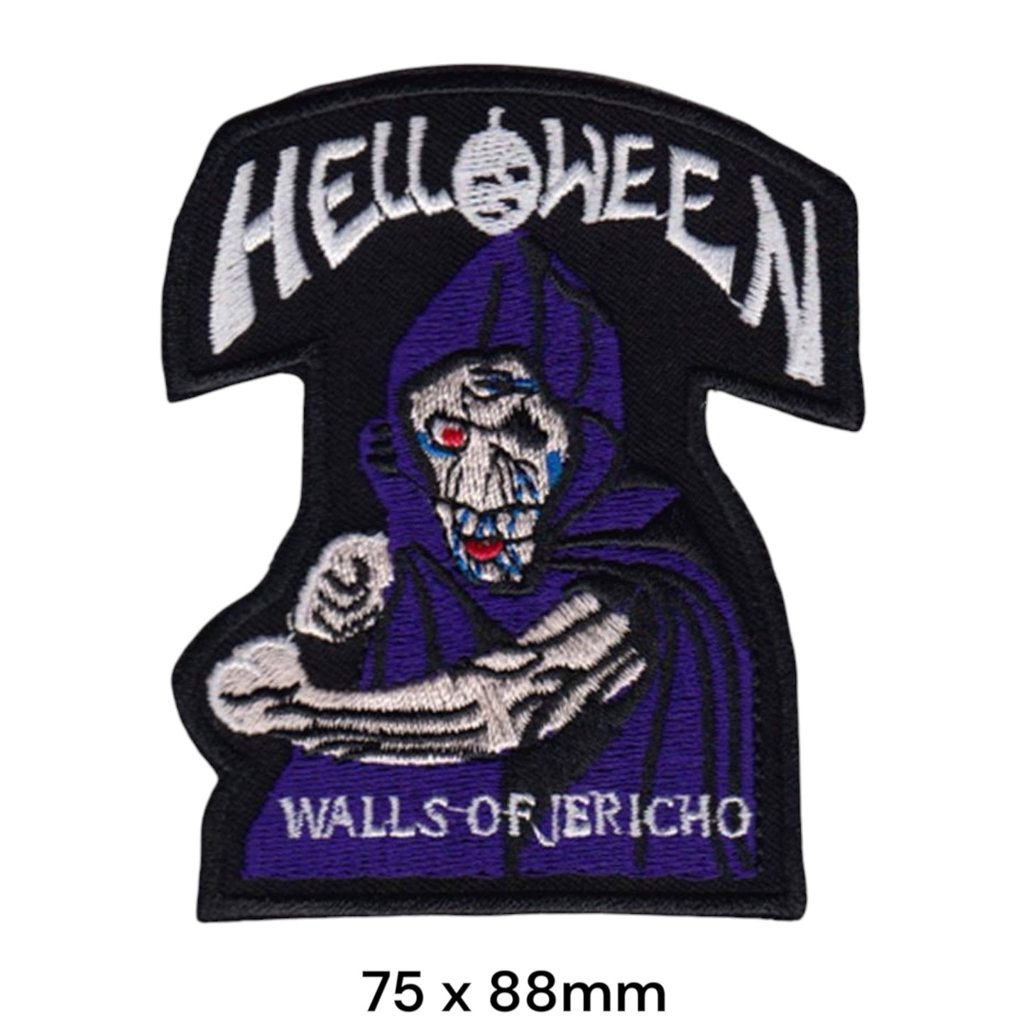 Helloween Walls of Jericho Grim Reaper Die-Cut Embroidered Patch 75x88mm – White/Silver, Purple/Blue, Red & Black