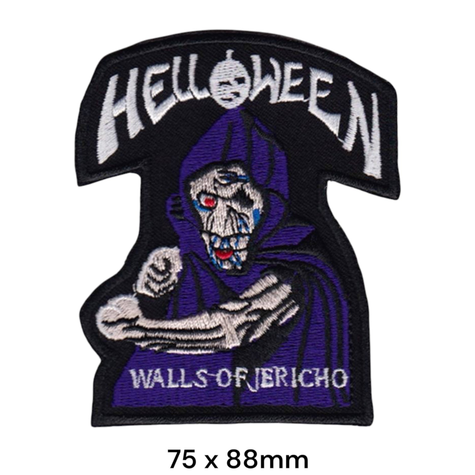 Helloween Walls of Jericho Grim Reaper Die-Cut Embroidered Patch 75x88mm – White/Silver, Purple/Blue, Red & Black