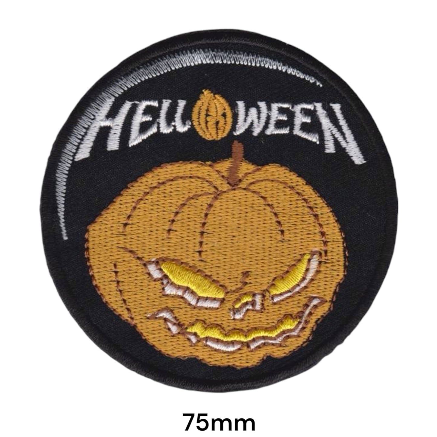 Helloween Pumpkin Jack-O-Lantern Circle Embroidered Patch 75mm – Orange, Yellow, White/Silver & Black