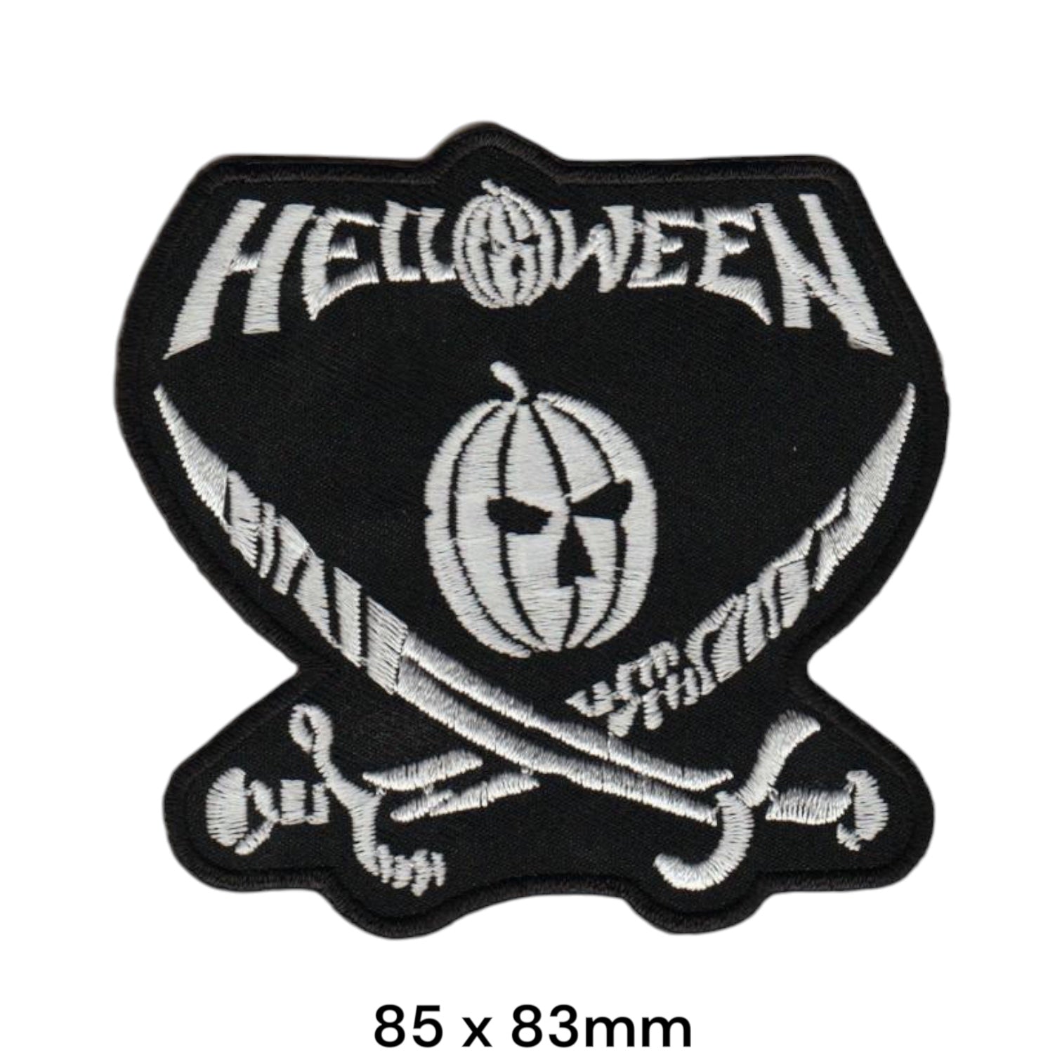 Helloween Pumpkin Crossed Swords Pirate Shield Die-Cut Embroidered Patch 85x83mm – White/Silver & Black