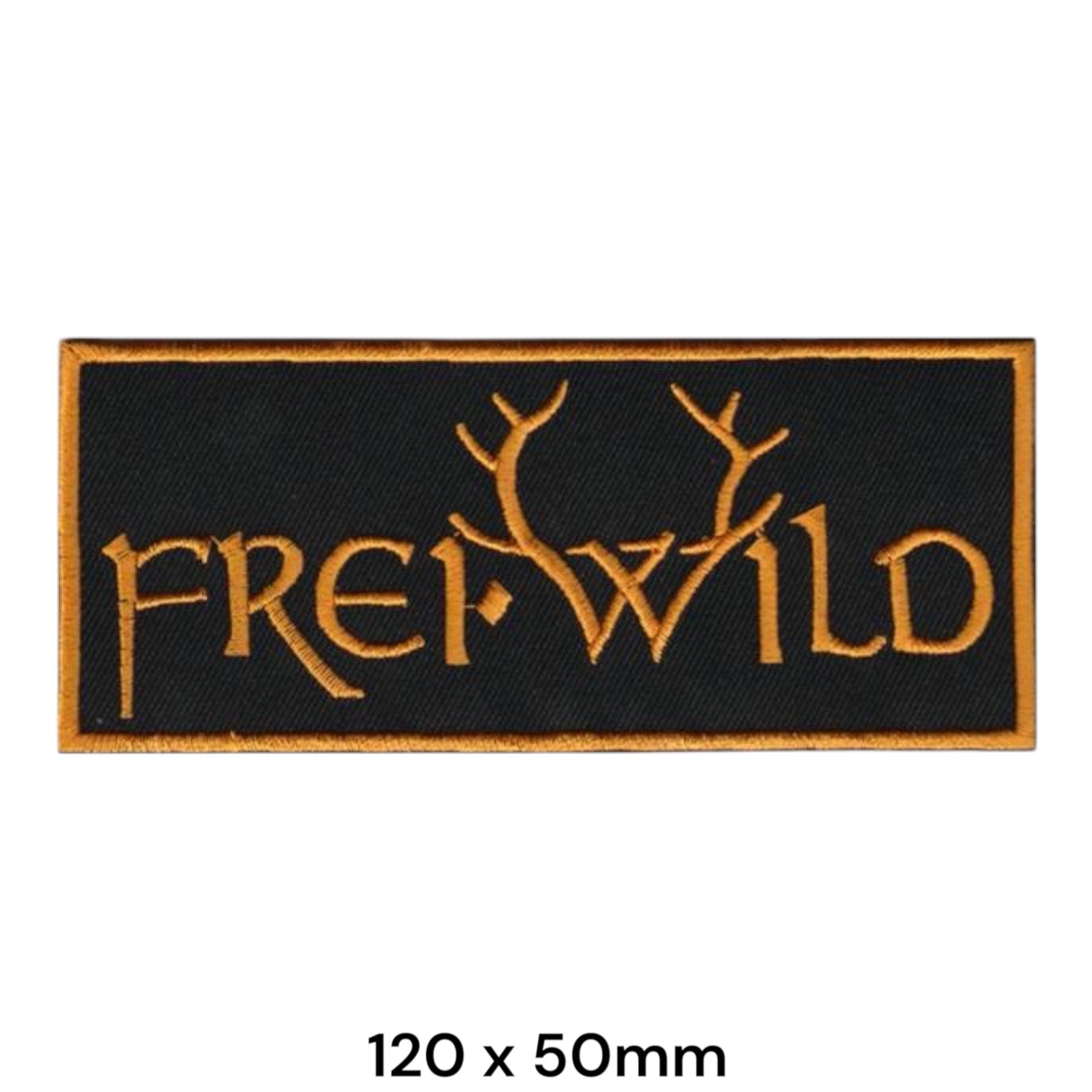 Frei.Wild Antler Logo Wordmark Rectangular Embroidered Patch 120x50mm – Gold/Orange & Black