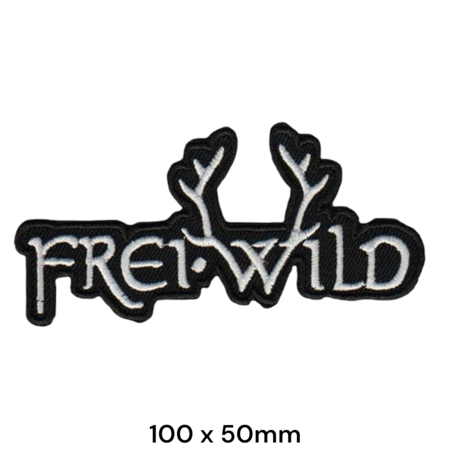 Frei.Wild Antler Logo Wordmark Die-Cut Embroidered Patch 100x50mm – White/Silver & Black