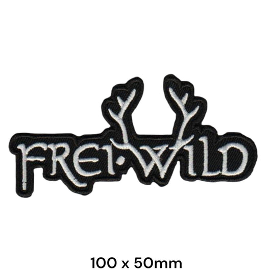 Frei.Wild Antler Logo Wordmark Die-Cut Embroidered Patch 100x50mm – White/Silver & Black