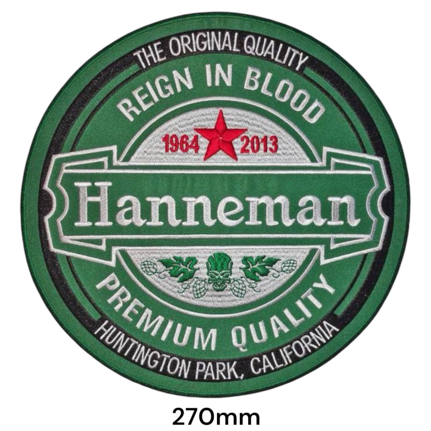 Slayer Jeff Hanneman Reign in Blood Heineken Parody Large Back Patch Circle Embroidered 270mm – Green, White/Silver, Red & Black