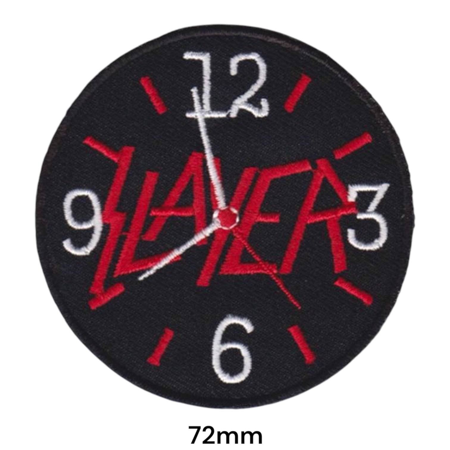 Slayer Clock Face Wordmark Circle Embroidered Patch 72mm – Red, White/Silver & Black