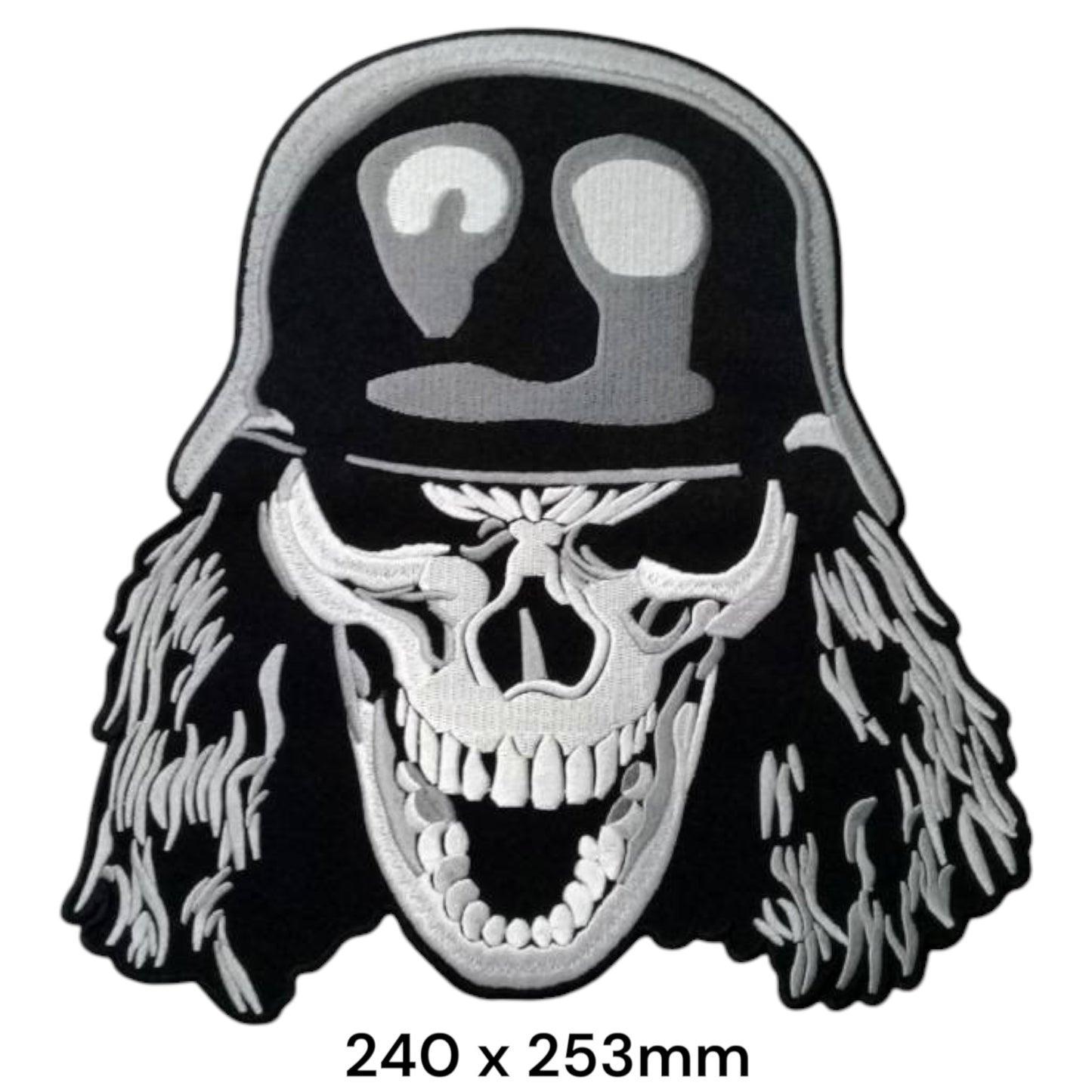 Motorhead Warpig Skull Helmet Long Hair Large Back Patch Die-Cut Embroidered 240x253mm – White/Silver & Black