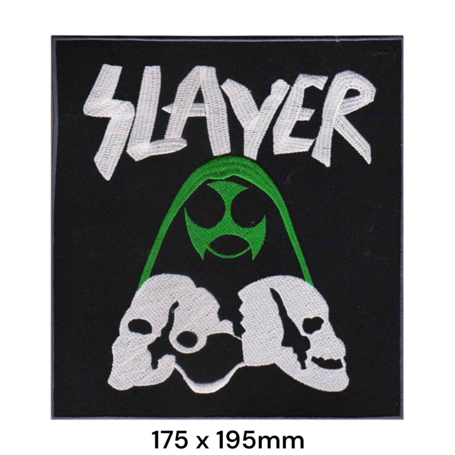 Slayer Hooded Reaper Dual Skulls Wordmark Large Back Patch Rectangular Embroidered 175x195mm – Green, White/Silver & Black