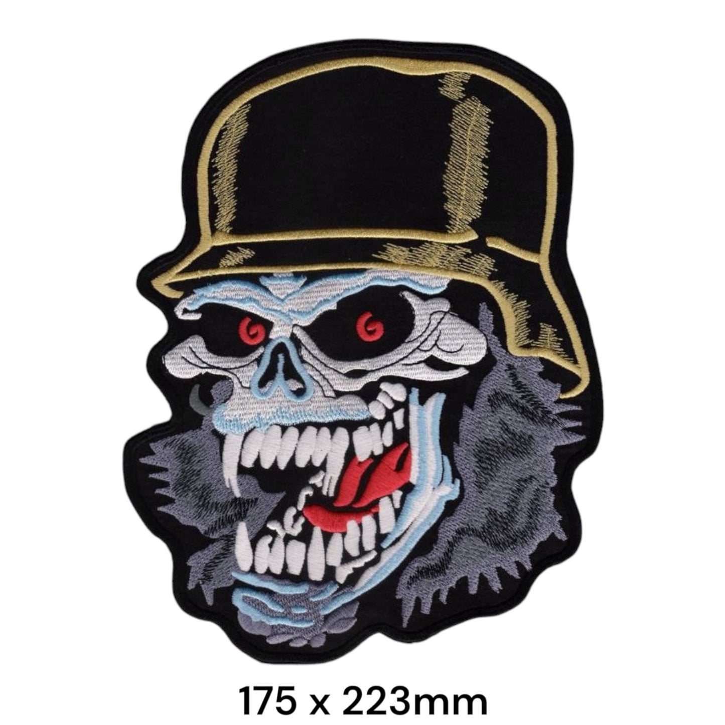 Zombie Skull Military Helmet Red Eyes Fangs Large Back Patch Die-Cut Embroidered 175x223mm – Gold/Yellow, Blue/Grey, Red & Black