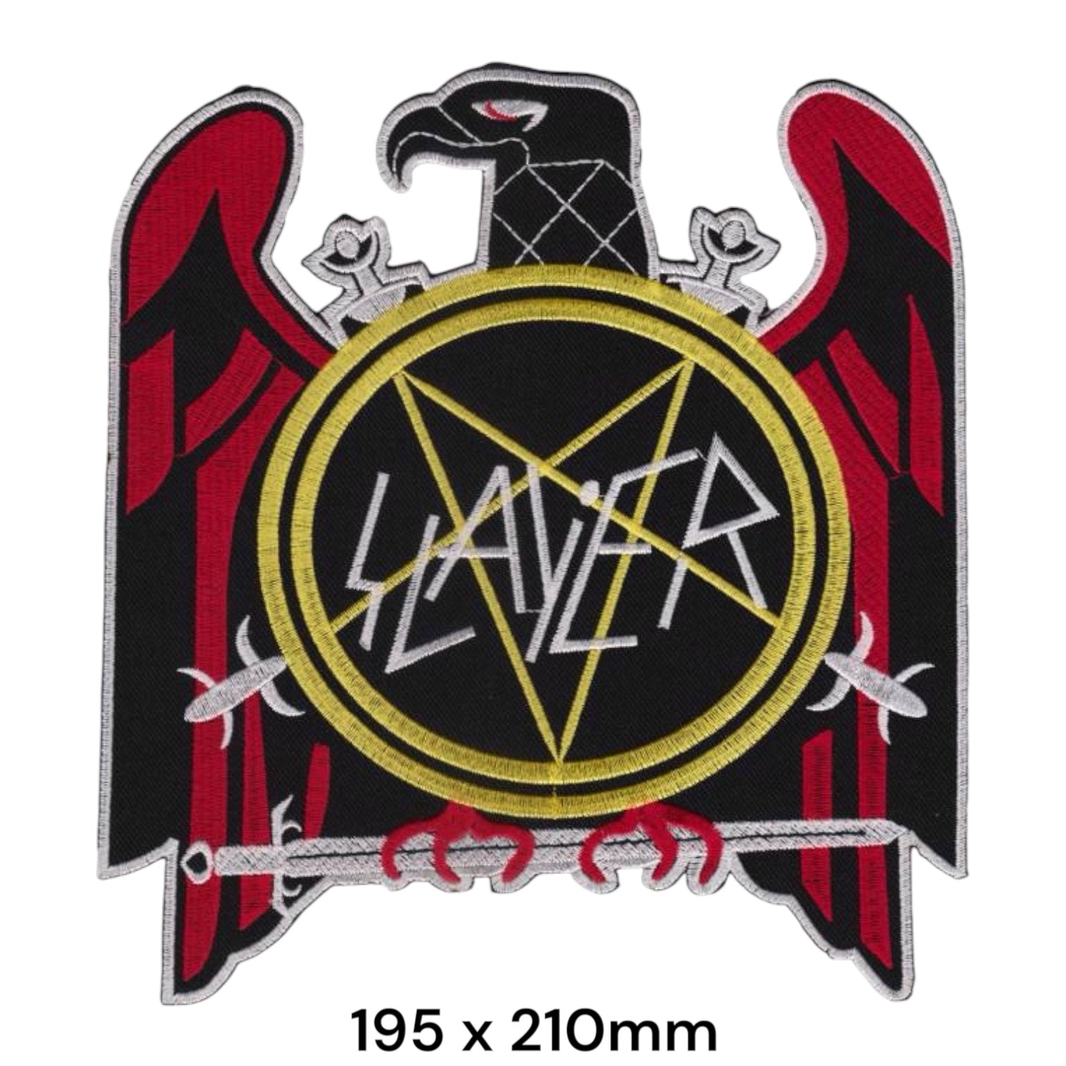 Slayer Red Eagle Pentagram Circle Sword Wordmark Large Back Patch Die-Cut Embroidered 195x210mm – Red, Gold/Yellow, White/Silver & Black