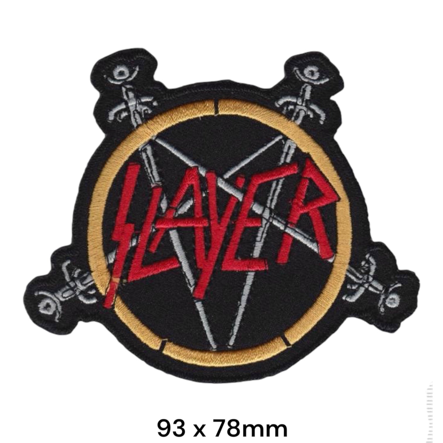 Slayer Pentagram Circle Four Swords Wordmark Die-Cut Embroidered Patch 93x78mm – Red, Gold/Yellow, Grey/Silver & Black