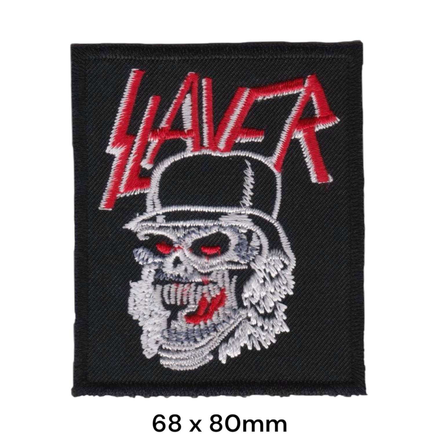 Slayer Skull Military Helmet Red Eyes Wordmark Rectangular Embroidered Patch 68x80mm – Red, White/Silver & Black