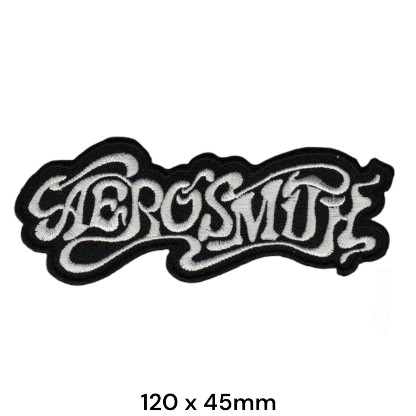 Aerosmith Script Wordmark Die-Cut Embroidered Patch 120x45mm – White/Silver & Black