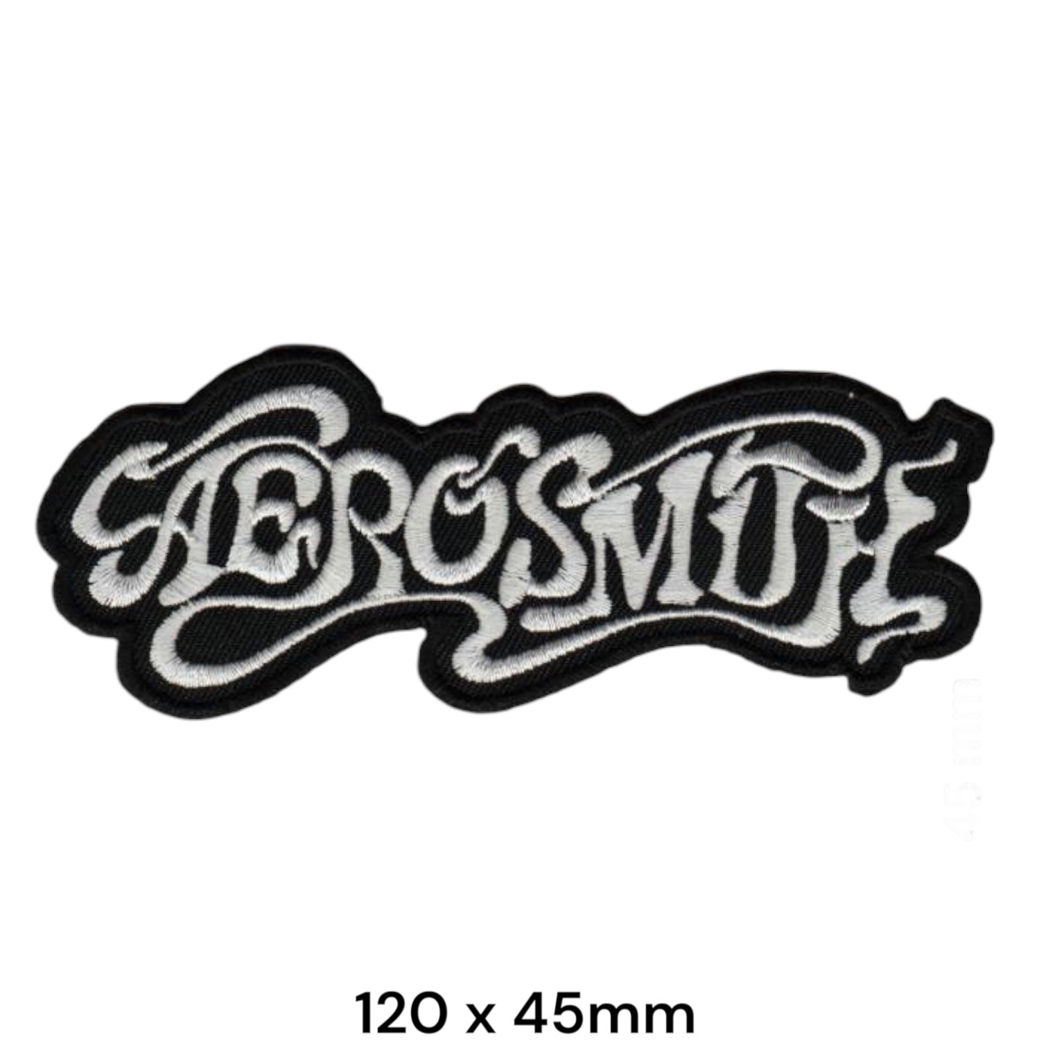 Aerosmith Script Wordmark Die-Cut Embroidered Patch 120x45mm – White/Silver & Black