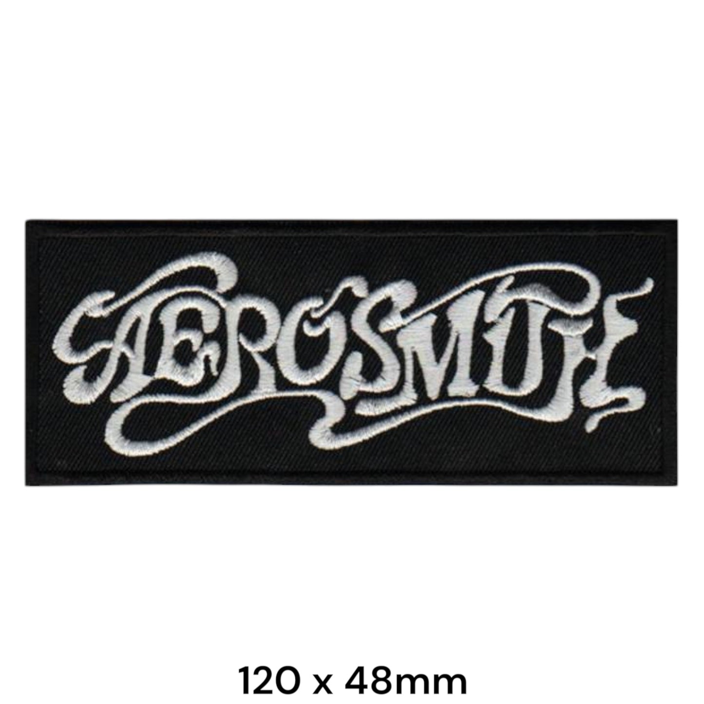 Aerosmith Script Wordmark Rectangular Embroidered Patch 120x48mm – White/Silver & Black