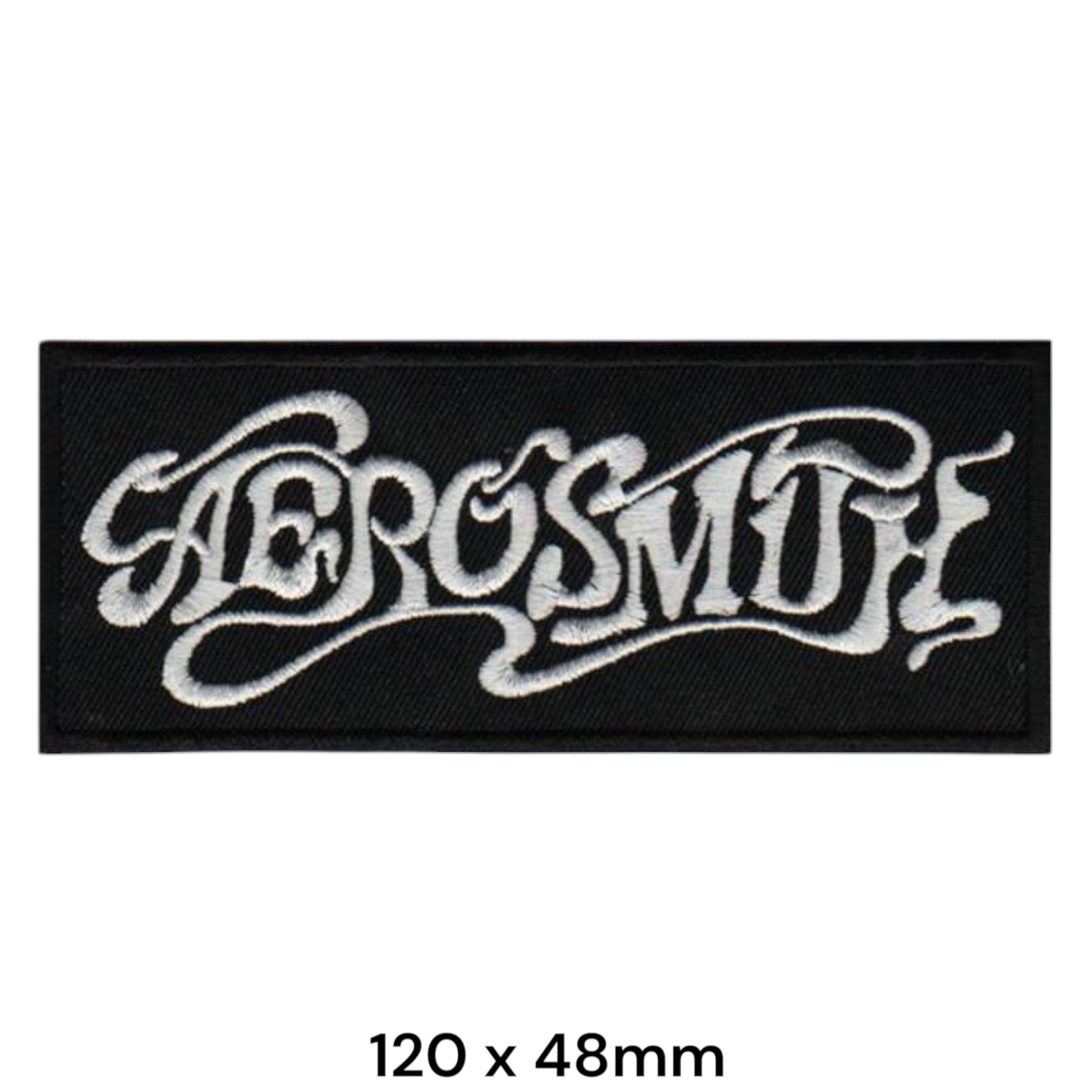 Aerosmith Script Wordmark Rectangular Embroidered Patch 120x48mm – White/Silver & Black