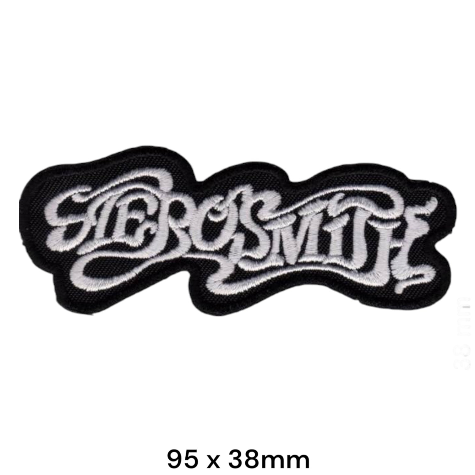 Aerosmith Script Wordmark Small Die-Cut Embroidered Patch 95x38mm – White/Silver & Black