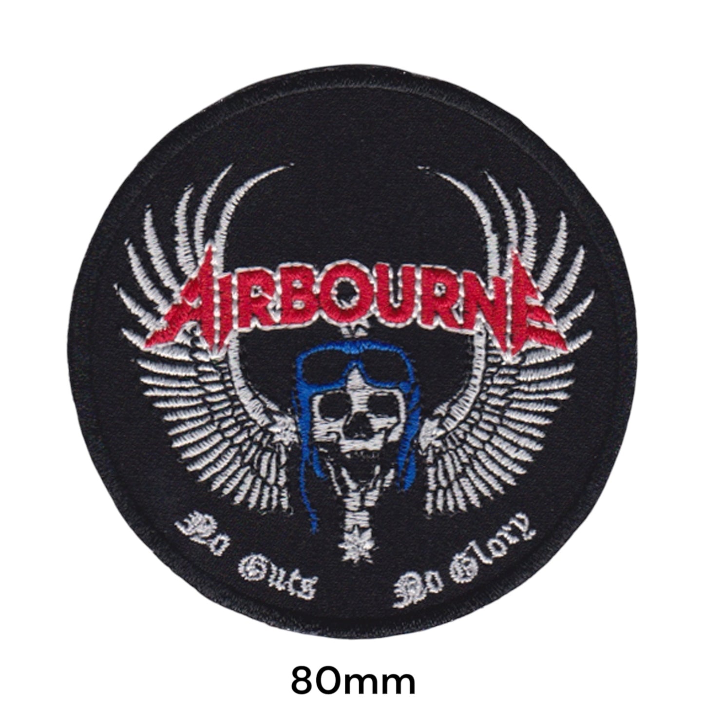 Airbourne Skull Aviator Wings No Guts No Glory Round Embroidered Patch 80mm – Red, Blue, White/Silver & Black