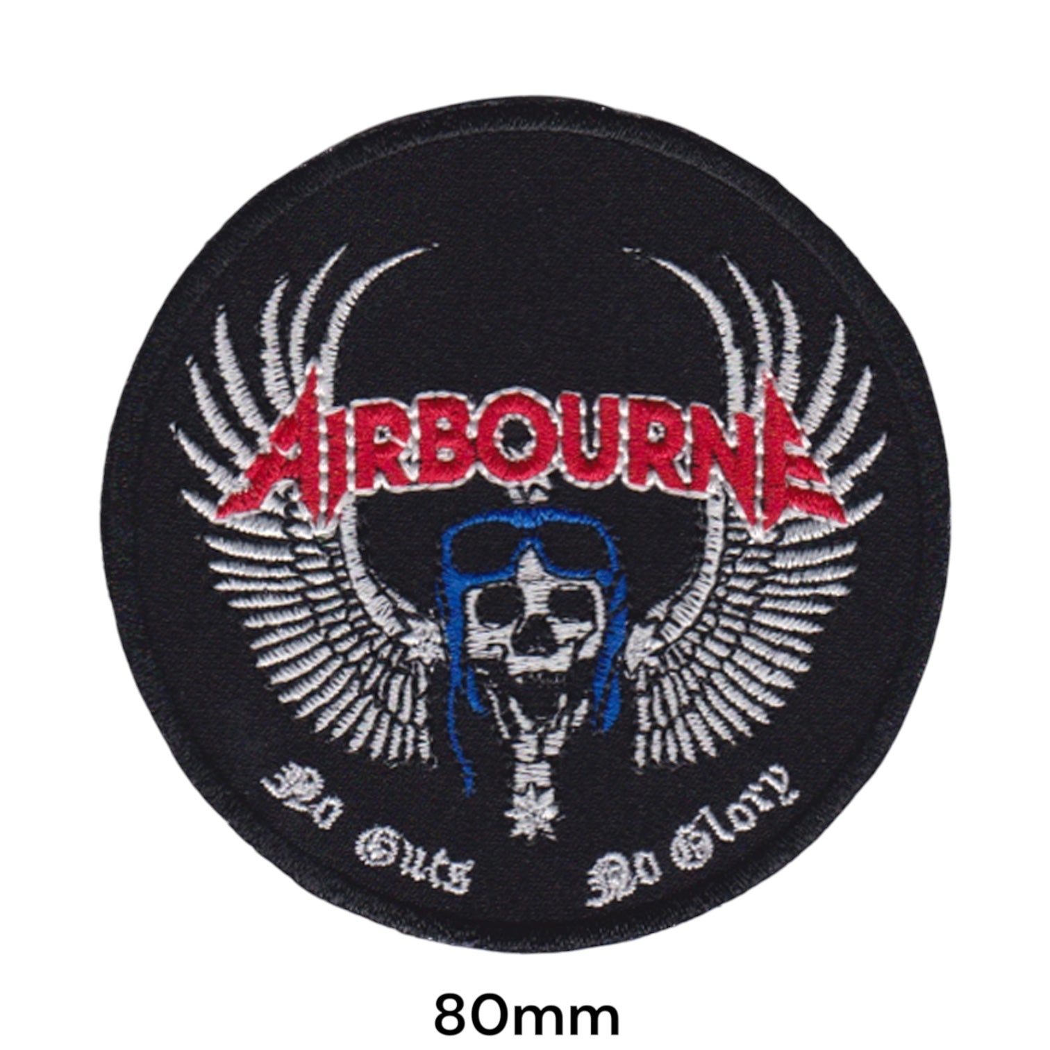 Airbourne Skull Aviator Wings No Guts No Glory Round Embroidered Patch 80mm – Red, Blue, White/Silver & Black