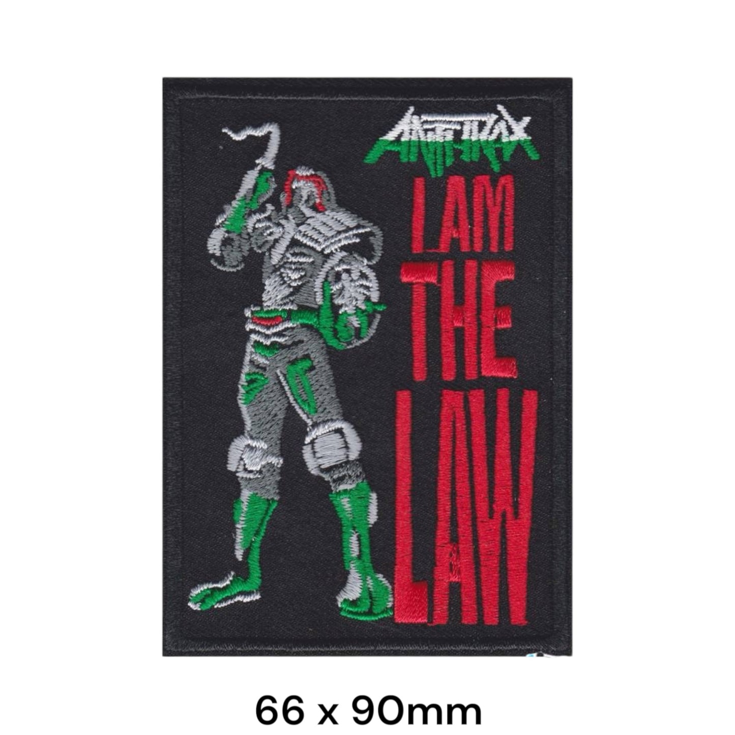 Anthrax I Am The Law Judge Dredd Armored Figure Wordmark Rectangular Embroidered Patch 66x90mm – Red, Green, White/Silver & Black