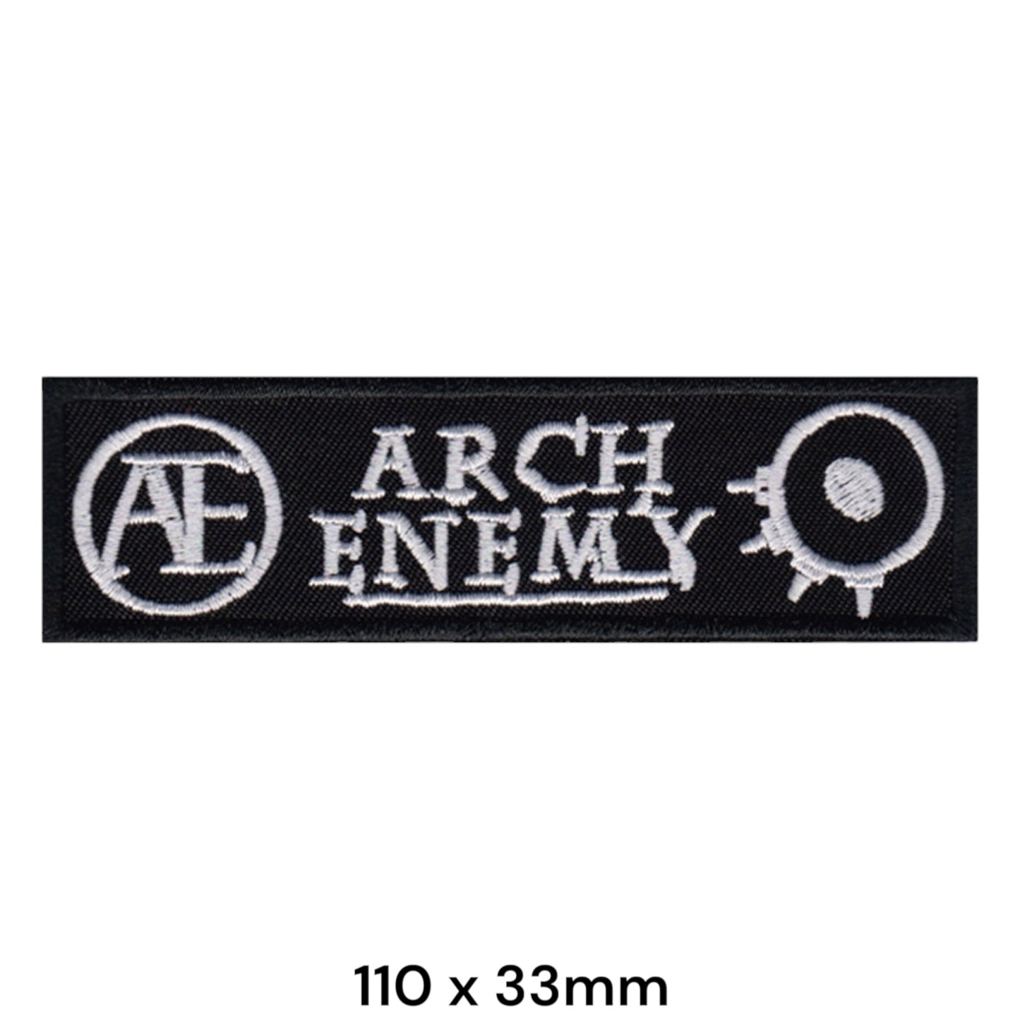 Arch Enemy AE Circle Logo Wordmark Gear Rectangular Embroidered Patch 110x33mm – White/Silver & Black