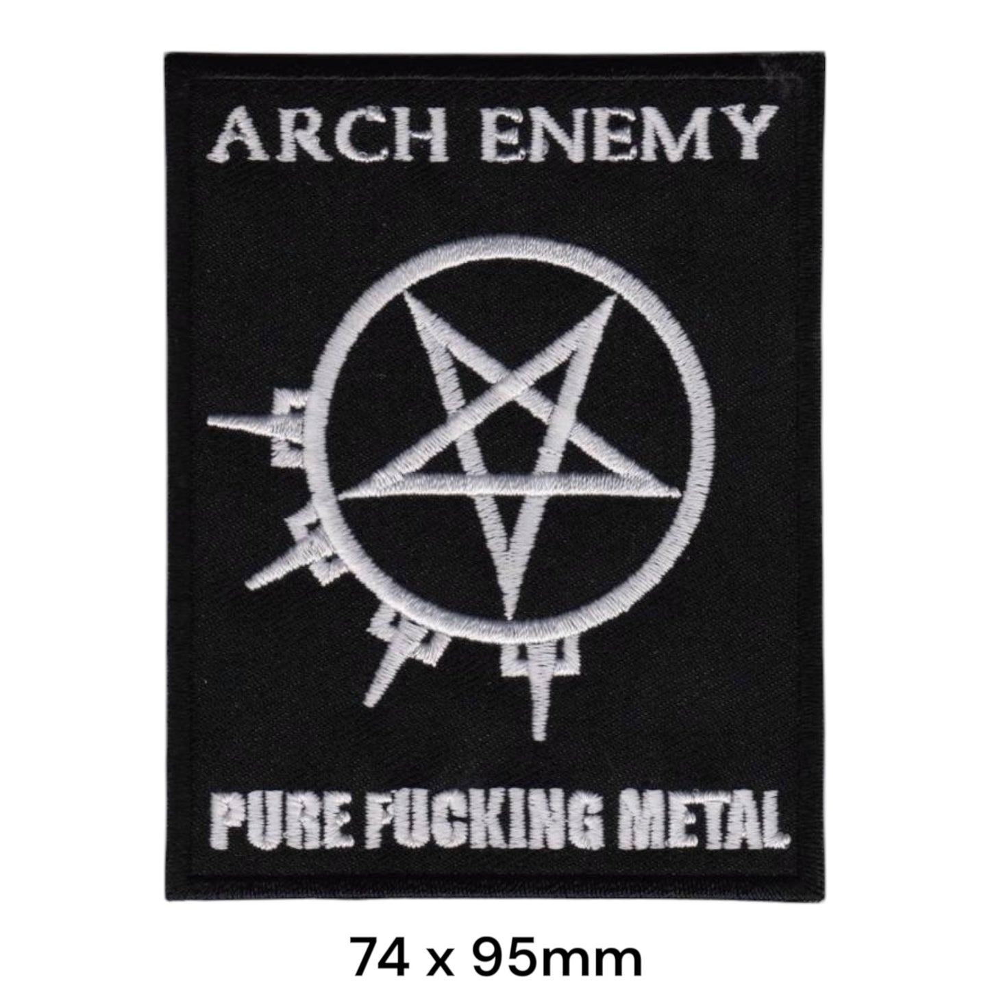 Arch Enemy Pure Fucking Metal Pentagram Circle Gear Rectangular Embroidered Patch 74x95mm – White/Silver & Black