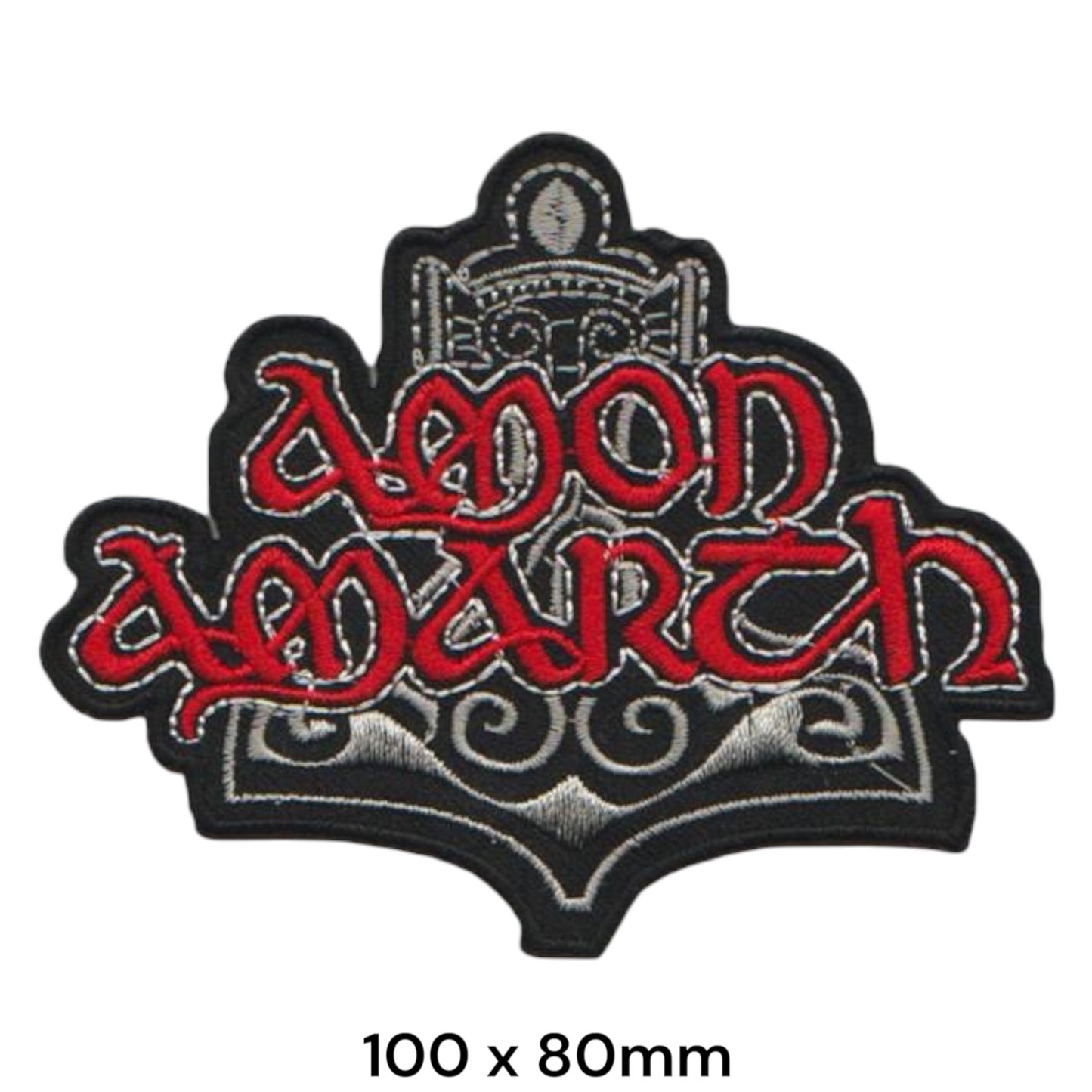 Amon Amarth Wordmark Mjolnir Thor's Hammer Die-Cut Embroidered Patch 100x80mm – Red, White/Silver & Black